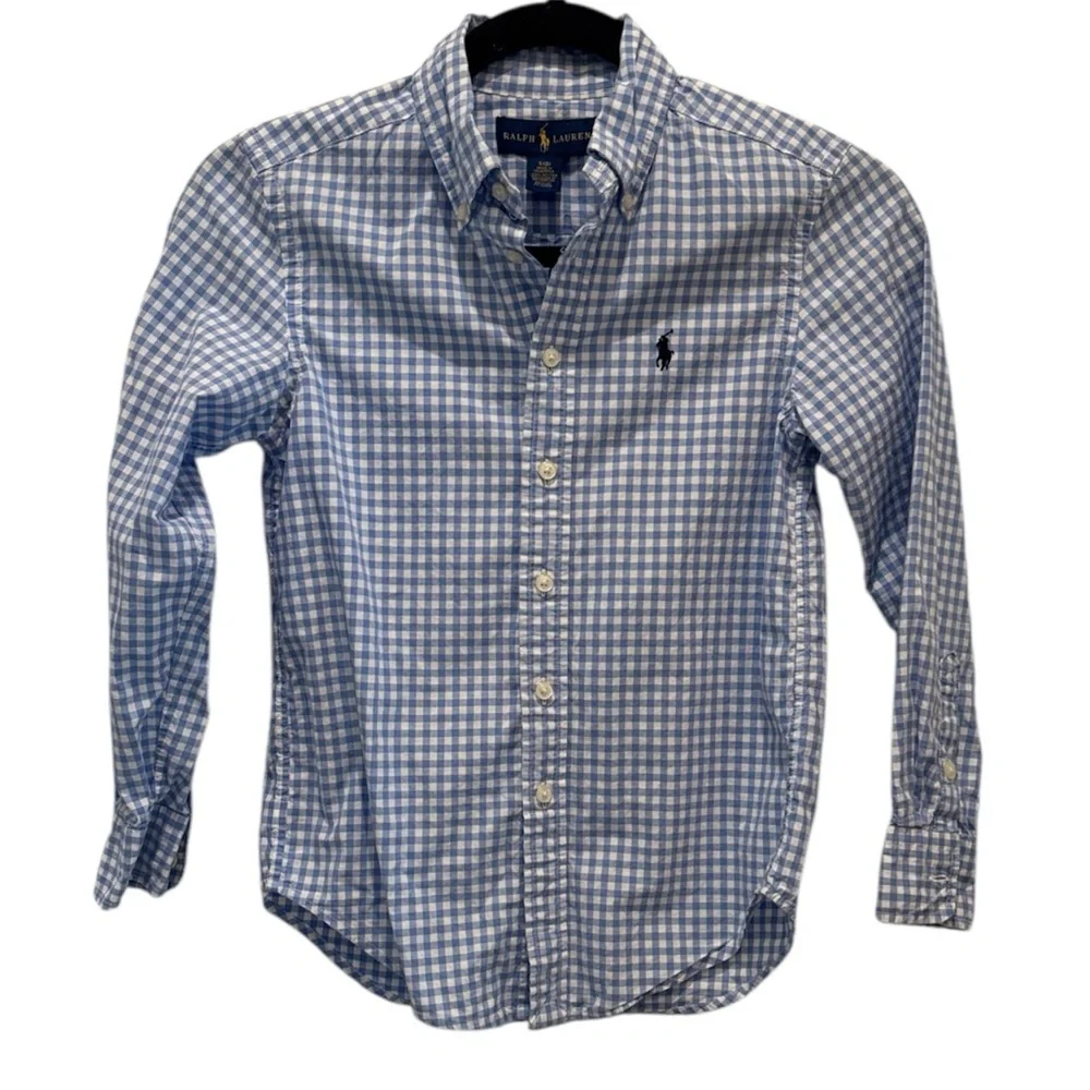 Ralph Lauren Light Blue and White Checkered Kids Button Down Shirt Size 8